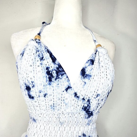 BLANCO Blue White Crochet Halter Tie Beachy Open Back Mini Dress - Picture 7 of 8